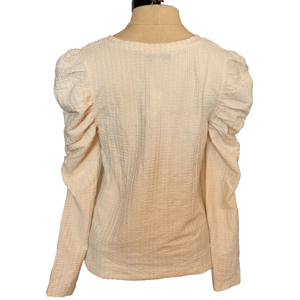 NWT LOFT Womens‎ S Top Long Sleeve Puff Shoulders Ivory Cream Ruched Stretch